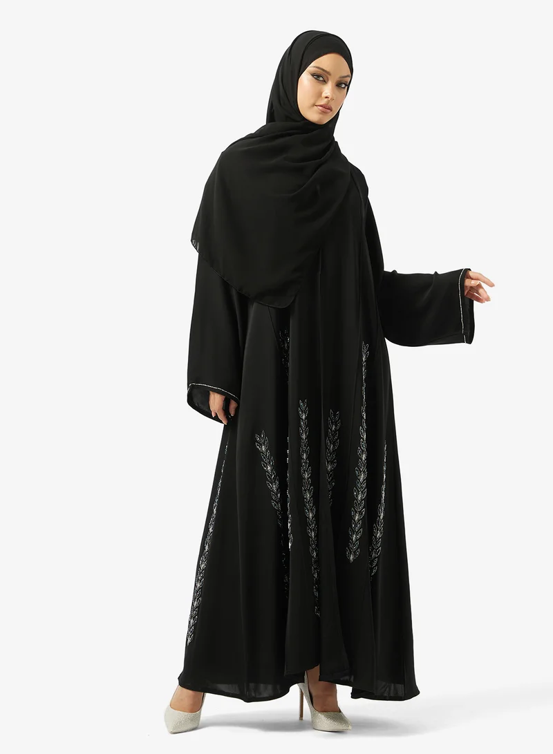 hayas closet Floral Embellished Open Front V Neck Abaya